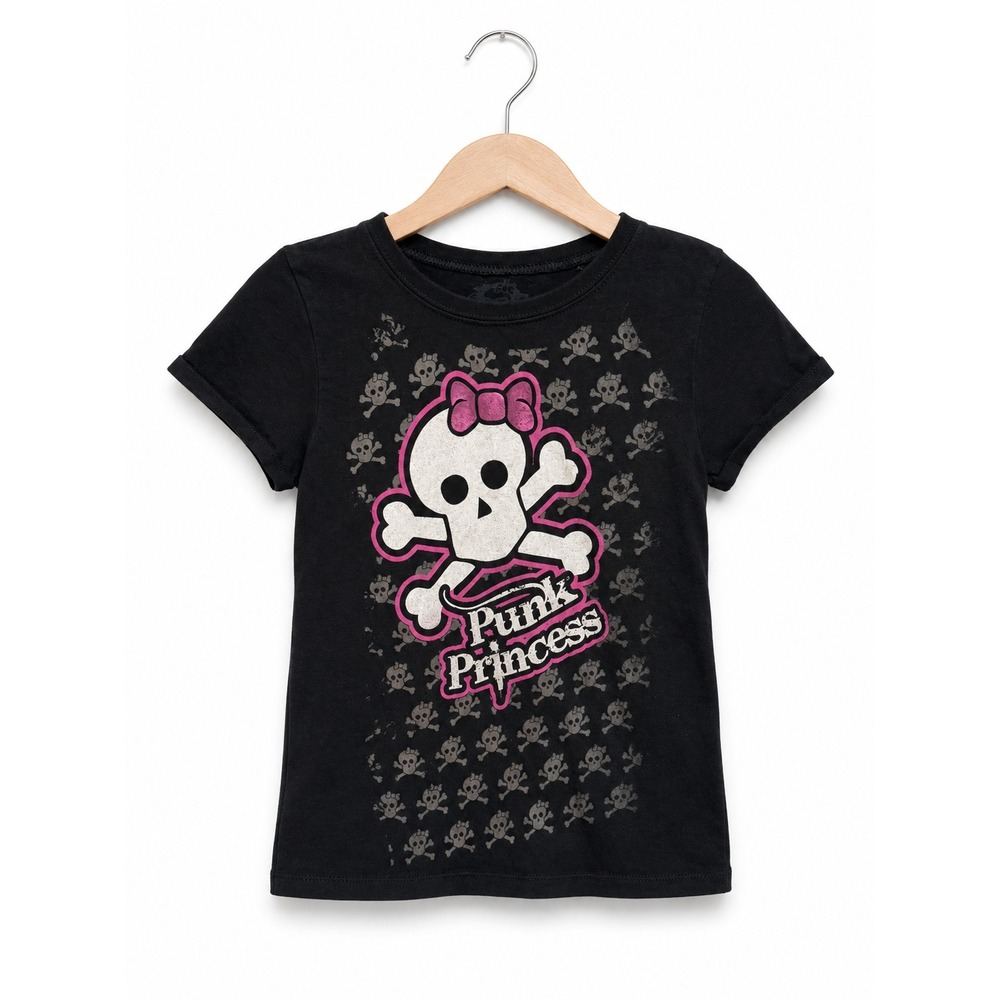 Pink Cookie Punk Princess Skull Crossbones Glitter Tee Girls M 7-8 Black Goth